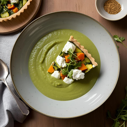 Velouté de pois cassés au cumin et part de tarte aux légumes et ricotta